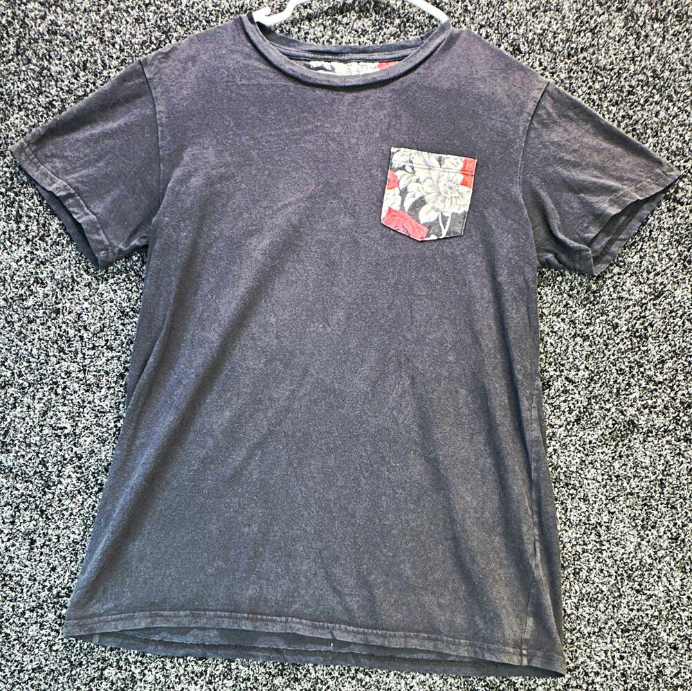 Blue Crown Mens Floral Pocket T Shirt Faded Black Cotton Short Sleeve Tee